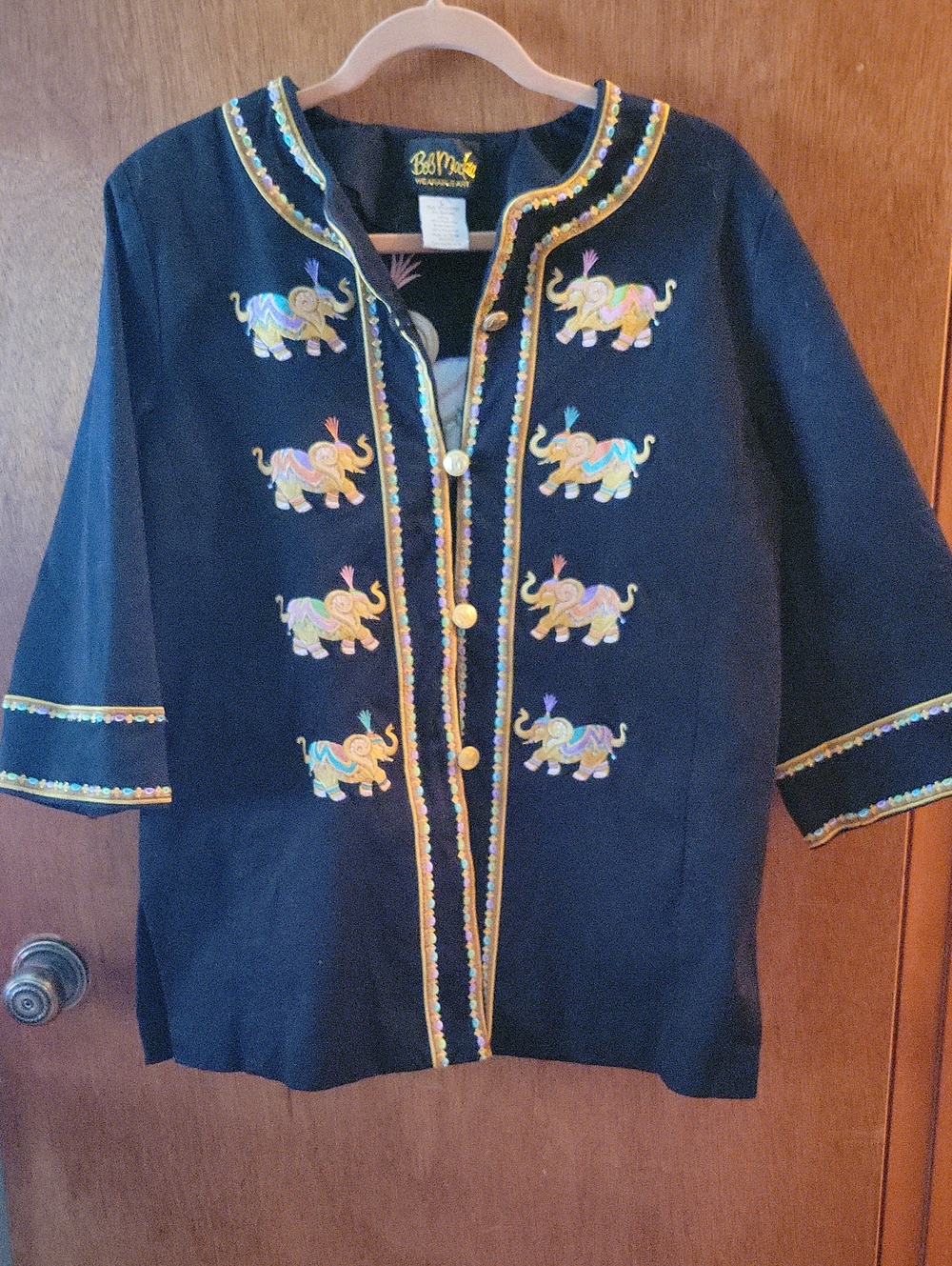 Bob Mackie Black Womens Jacket with Multicolor Elephant Embroidery